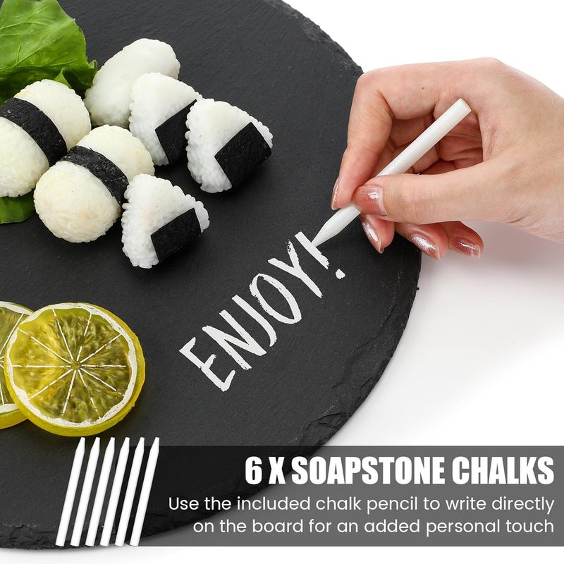 Uiifan 6 Pcs Round Slate Cheese Boards 11 Inch Round Black Stone Plates Charcuterie Boards Cheese Platter Serving Stone Tray Display Chalkboard with Soapstone Chalk for Meats Appetizers Dried Fruits - Image 5