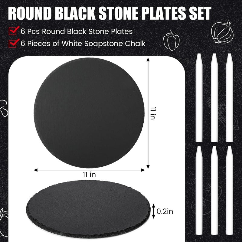 Uiifan 6 Pcs Round Slate Cheese Boards 11 Inch Round Black Stone Plates Charcuterie Boards Cheese Platter Serving Stone Tray Display Chalkboard with Soapstone Chalk for Meats Appetizers Dried Fruits - Image 2