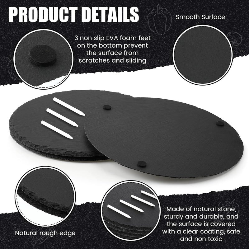 Uiifan 6 Pcs Round Slate Cheese Boards 11 Inch Round Black Stone Plates Charcuterie Boards Cheese Platter Serving Stone Tray Display Chalkboard with Soapstone Chalk for Meats Appetizers Dried Fruits - Image 3