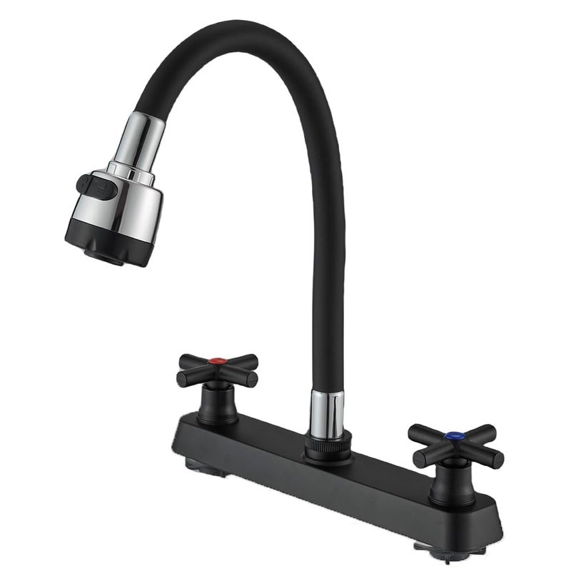 Weirun RV Kitchen Faucet RV Kitchen Sink Faucet Replacement Camper Faucet Kitchen with 2 Handles Flexible Arch 360 Swivel Flexible Dual Function Sprayer for Campers  Motorhomes  Travel Trailers Black - Image 1