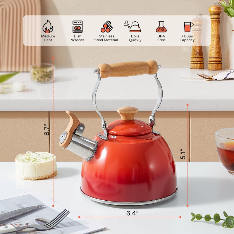 ROCKURWOK Tea Kettle, Tea Pot with Cool Touch Ergonomic Handle, Teapot Food Grade Stainless Steel, Tea Kettle Stovetop, Kettle Teapot, Whistling Tea Kettle, Small Tea Pot, 1.6 Quart (Red) - Image 4