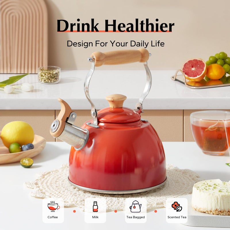 ROCKURWOK Tea Kettle, Tea Pot with Cool Touch Ergonomic Handle, Teapot Food Grade Stainless Steel, Tea Kettle Stovetop, Kettle Teapot, Whistling Tea Kettle, Small Tea Pot, 1.6 Quart (Red) - Image 2