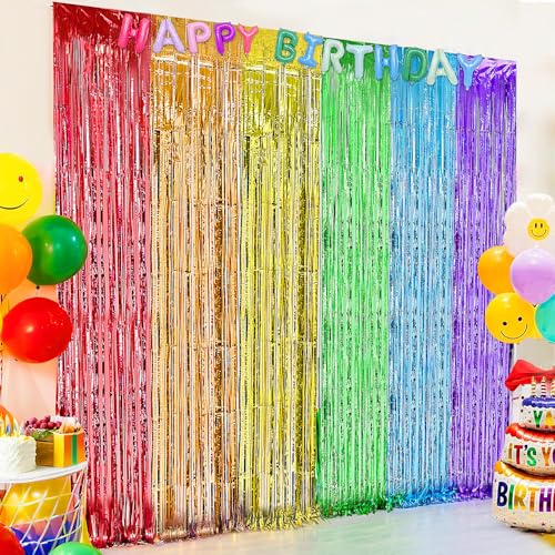 JEBUTU 2 Pack Rainbow foil Fringe Backdrop Curtains, 3.3x6.6FT Rainbow Party Decorations Tinsel Backdrop Fringe Curtain Party Streamer for Engagement Graduation Pride Back to School - Image 1