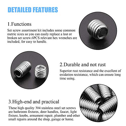 DYWISHKEY Allen Head Socket Hex Grub Screw, Set Screw Assortment Kit with 6 Hex Wrenches, Internal Hex Drive Cup-Point, 480PCS (M2.5/M3/M4/M5/M6/M8) (Silver) - Image 4