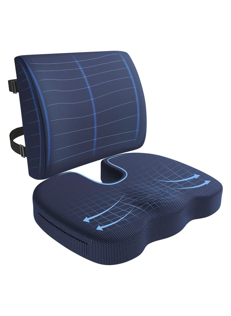 Arabest Foam Cushion Seat, Cushion & Lumbar Support Pillow with Adjustable Straps for Lower Back, Tailbone, Sciatica, Hip Pain Relief, Apply to Office Chair, Car, Wheelchair (Navy blue)  - Image 1