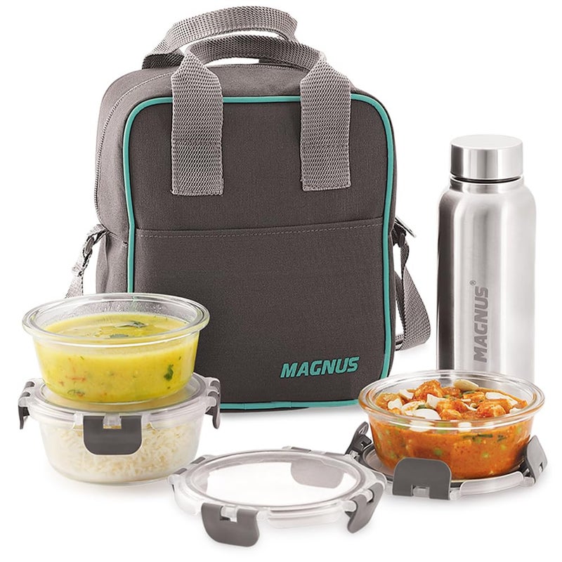 Magnus Magnus G-Lock Solid Glass Lunch Box with Vertical Pouch and Detachable Clip,1 SS Bottle and 3 Round Airtight, Leakproof,Microwave Safe Borosilicate Glass Containers,400 ML Each-Premium Lunch Boxes  - Image 1