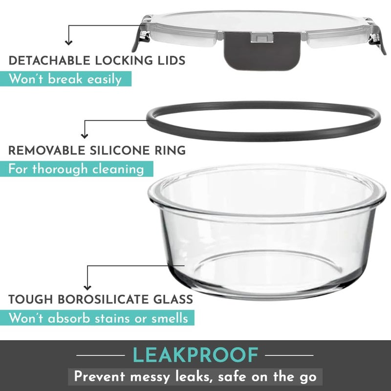 Magnus Magnus G-Lock Solid Glass Lunch Box with Vertical Pouch and Detachable Clip,1 SS Bottle and 3 Round Airtight, Leakproof,Microwave Safe Borosilicate Glass Containers,400 ML Each-Premium Lunch Boxes  - Image 4