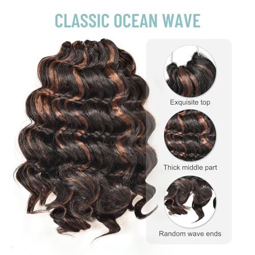 ToyoTree Ocean Wave Crochet Hair - 16 Inch 8 Packs Brown Highlight Mid-Length Curly Deep Wave Crochet Hair, Synthetic Ocean Wave Braiding Hair Extensions (16 Inch,P4/30-8P) - Image 3