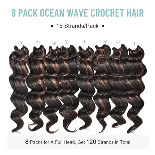 ToyoTree Ocean Wave Crochet Hair - 16 Inch 8 Packs Brown Highlight Mid-Length Curly Deep Wave Crochet Hair, Synthetic Ocean Wave Braiding Hair Extensions (16 Inch,P4/30-8P) - Image 5