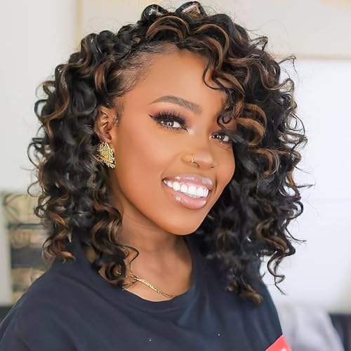ToyoTree Ocean Wave Crochet Hair - 16 Inch 8 Packs Brown Highlight Mid-Length Curly Deep Wave Crochet Hair, Synthetic Ocean Wave Braiding Hair Extensions (16 Inch,P4/30-8P) - Image 1