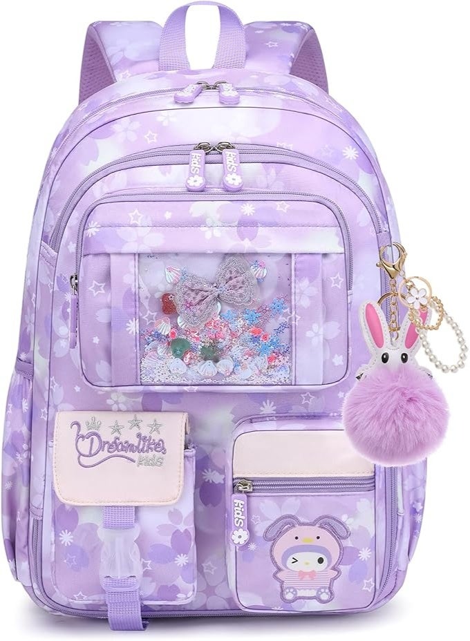 Girls Cute Purple Floral Backpack, Lightweight Large Capacity School Bookbag with Bunny Keychain for Elementary Students