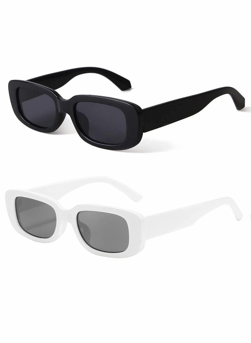 Y&D Retro Rectangle Sunglass Women and Men Vintage Small Square Sun Glasses Protection Glasse Driving 90’s Fashion Narrow Frame UV400(1Black 1White)  - Image 1
