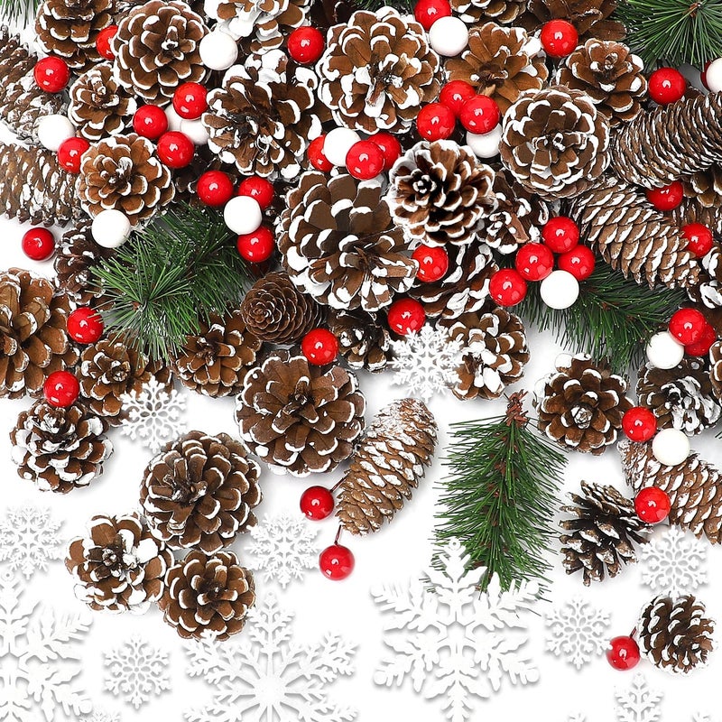 hatisan 200PCS Christmas Pine Cones Berry Pine Branch Snowflakes Set Christmas Decorations for DIY Crafts Home Table Gift Party Supplies  Assorted Sizes - Image 1