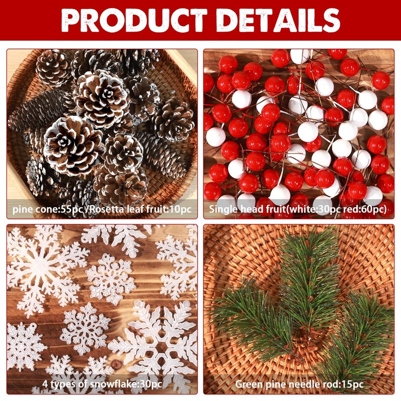 hatisan 200PCS Christmas Pine Cones Berry Pine Branch Snowflakes Set Christmas Decorations for DIY Crafts Home Table Gift Party Supplies  Assorted Sizes - Image 2