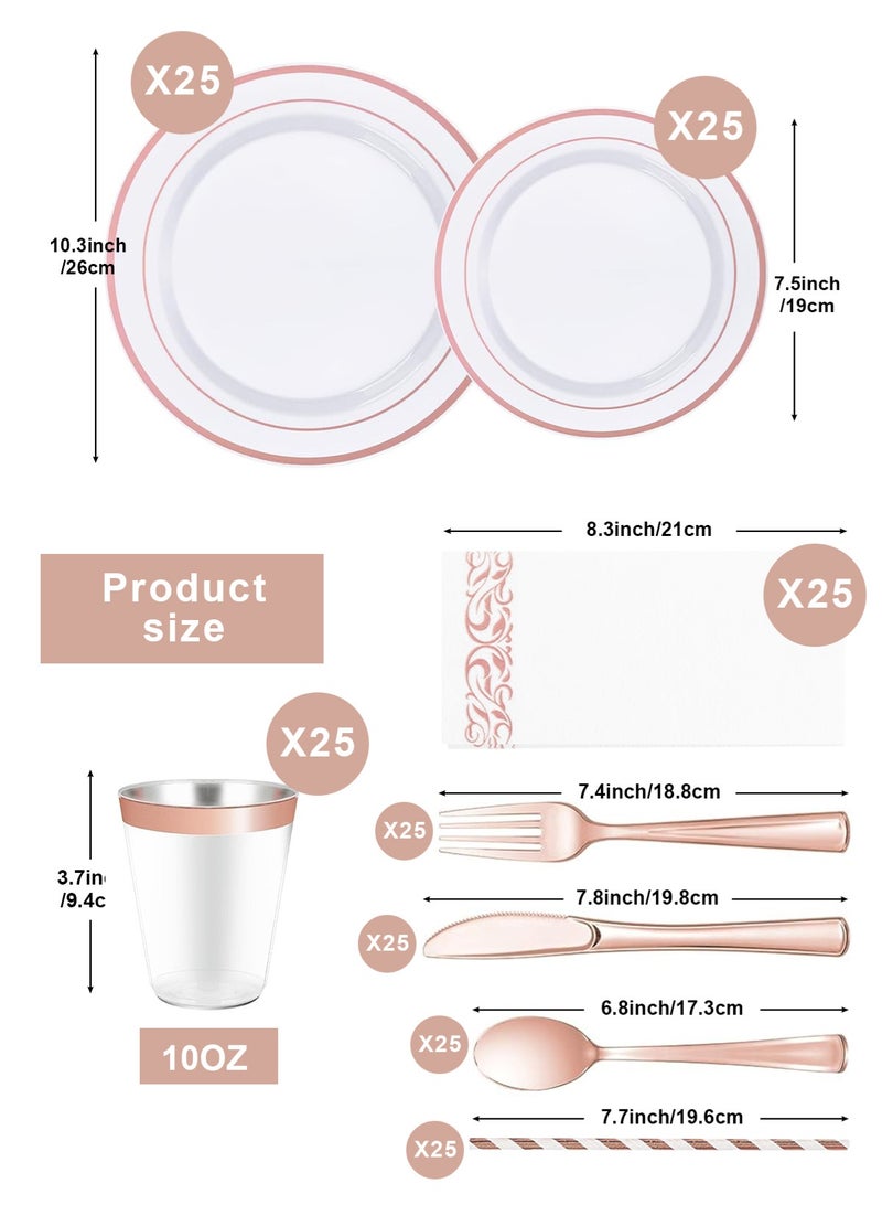 هومار كيت مجموعة أدوات مائدة من الذهب الوردي مكونة من 200 قطعة تكفي 25 ضيفًا، أطباق بلاستيكية للحفلات، 25 طبقًا ذهبيًا ورديًا للاستخدام مرة واحدة، 25 طبق حلوى، 25 سكينًا، 25 ملعقة، 25 شوكة، 25 كوبًا، 25 ماصة، و25 منديلًا - Image 2