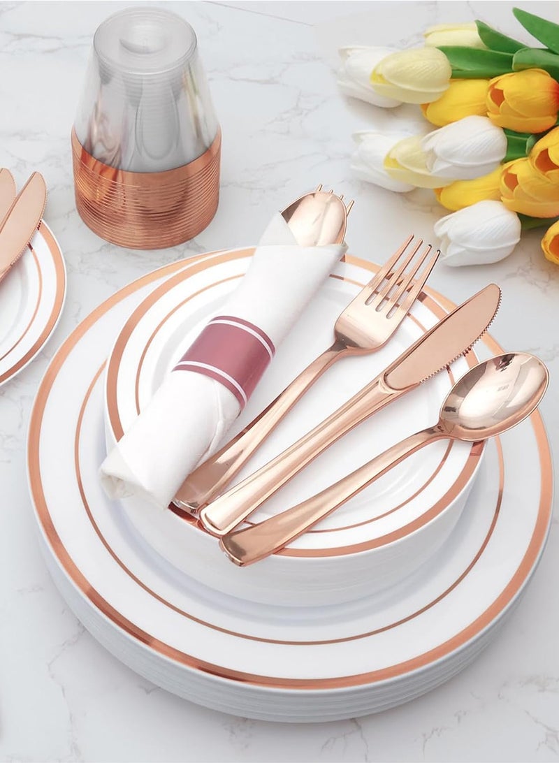 هومار كيت مجموعة أدوات مائدة من الذهب الوردي مكونة من 200 قطعة تكفي 25 ضيفًا، أطباق بلاستيكية للحفلات، 25 طبقًا ذهبيًا ورديًا للاستخدام مرة واحدة، 25 طبق حلوى، 25 سكينًا، 25 ملعقة، 25 شوكة، 25 كوبًا، 25 ماصة، و25 منديلًا - Image 5