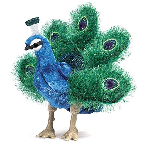 Folkmanis Small Peacock Hand Puppet Blue Green Gold - Image 1