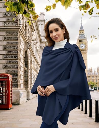 PULI Womens Large Cross Front Poncho Sweater Wrap Topper Knitted Elegant Shawls Cape for Fall Winter Dark Slate Blue - Image 2