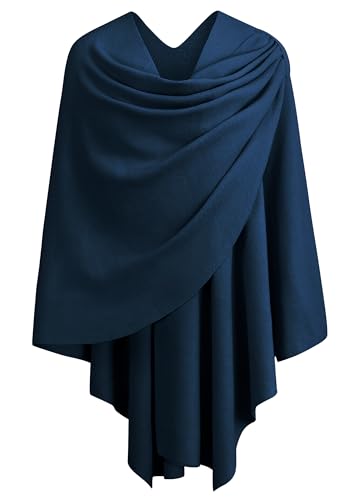 PULI Womens Large Cross Front Poncho Sweater Wrap Topper Knitted Elegant Shawls Cape for Fall Winter Dark Slate Blue - Image 1