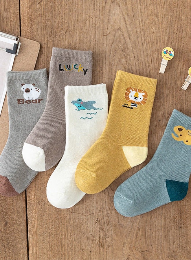 5 Pairs Of Children's Cotton Socks, Pure Cotton Cartoon Cute Mid-Calf Socks, Suitable For 0-3 Year Old Babies, Cotton Floor Socks For Boys And Girls  - Image 1