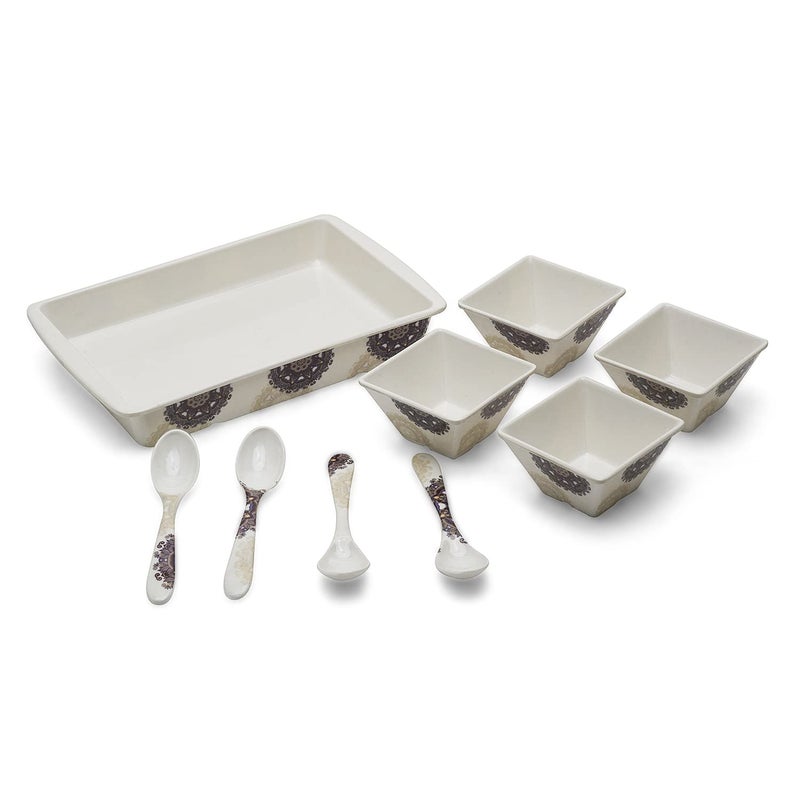 Bataniya Melamine Brown Antique 9 pcs Serving Set with 1 Serving Tray, 4 Veg Bowl and 4 Tea Spoon for Snacks, Desserts and Other eateries. - Image 1