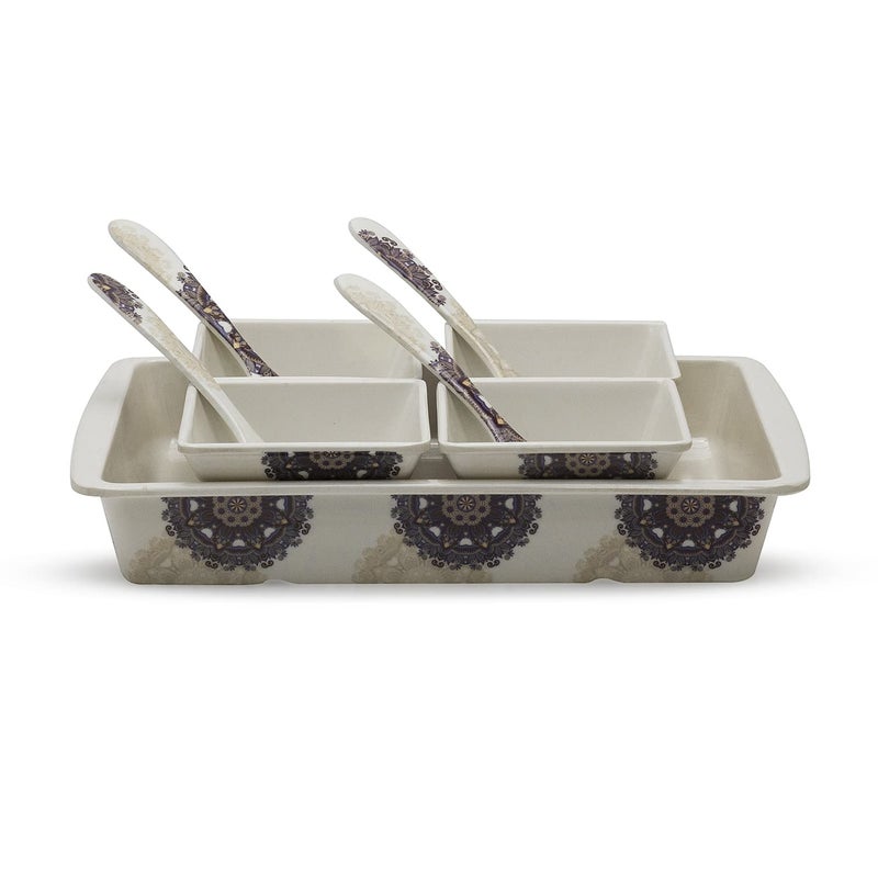 Bataniya Melamine Brown Antique 9 pcs Serving Set with 1 Serving Tray, 4 Veg Bowl and 4 Tea Spoon for Snacks, Desserts and Other eateries. - Image 4