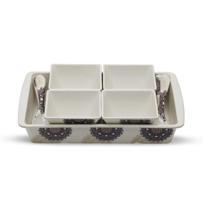 Bataniya Melamine Brown Antique 9 pcs Serving Set with 1 Serving Tray, 4 Veg Bowl and 4 Tea Spoon for Snacks, Desserts and Other eateries. - Image 2