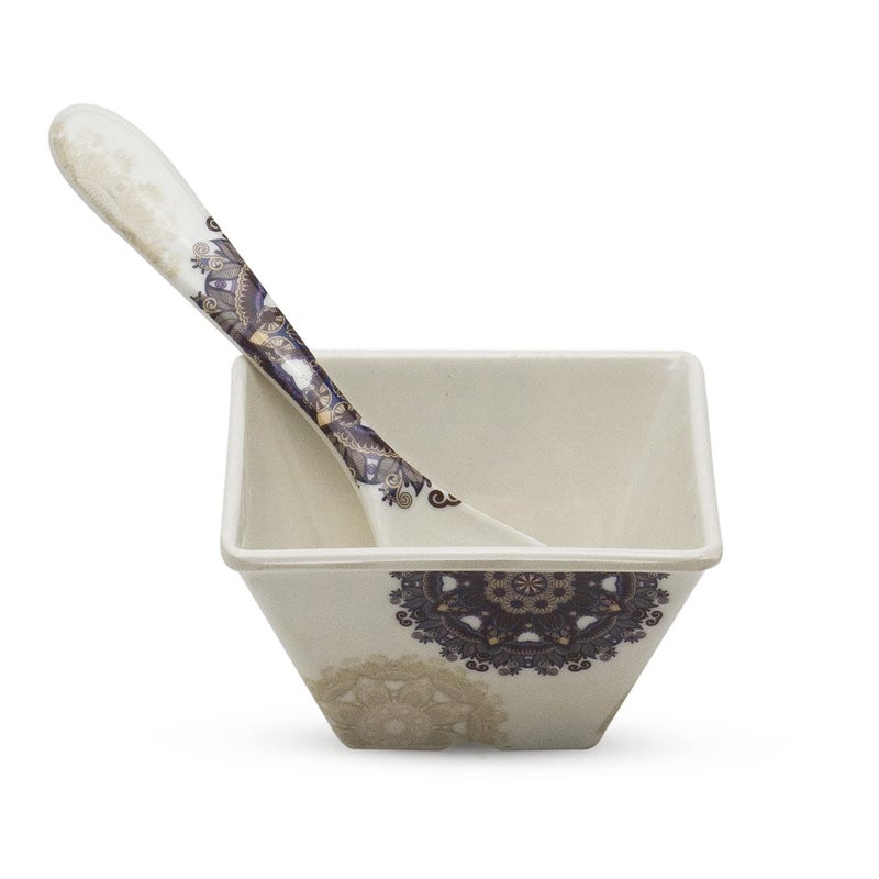 Bataniya Melamine Brown Antique 9 pcs Serving Set with 1 Serving Tray, 4 Veg Bowl and 4 Tea Spoon for Snacks, Desserts and Other eateries. - Image 3