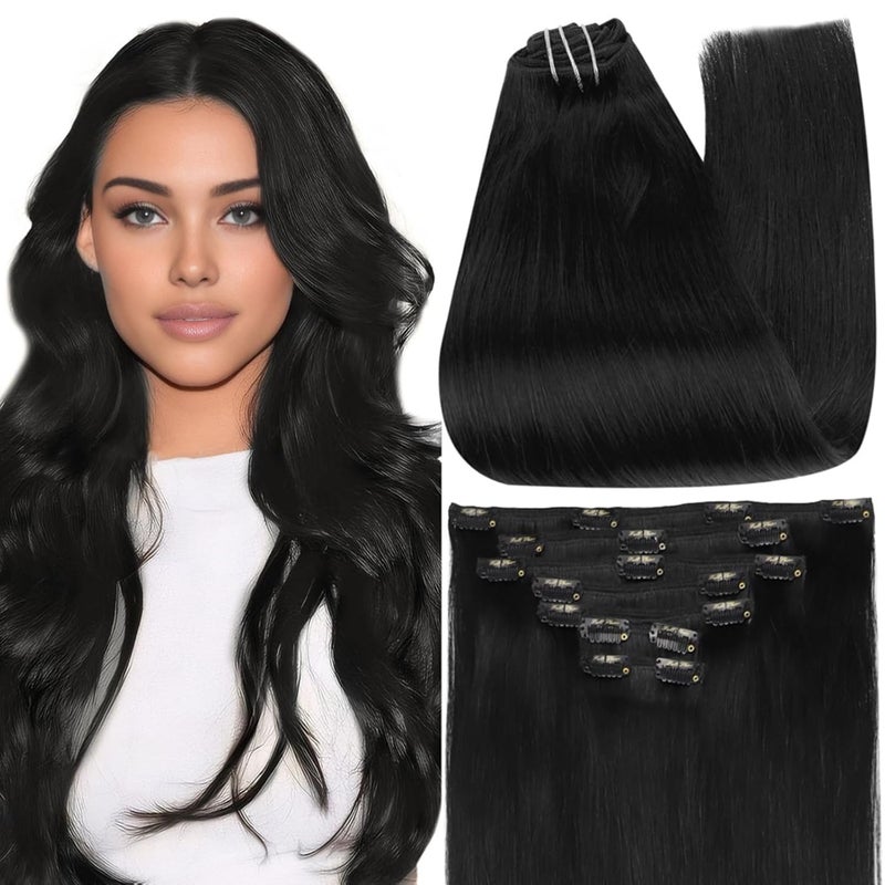 Full Shine 28 Inch Clip in Hair Extensions Real Human Hair Jet Black Long Clip in Extensions for Women Black Human Hair Straight 150 G Clip on Hair Extensions 7 Pcs
