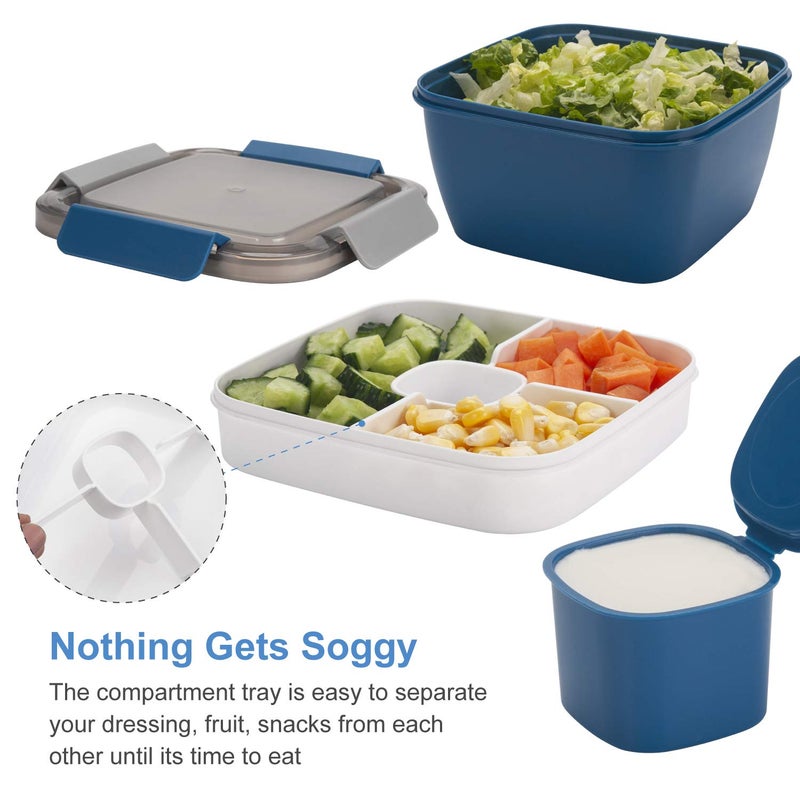 Freshmage Salad Lunch Container To Go, 52-oz Salad Bowls with 3 Compartments, Salad Dressings Container for Salad Toppings, Snacks, Men, Women (Blue) - Image 5