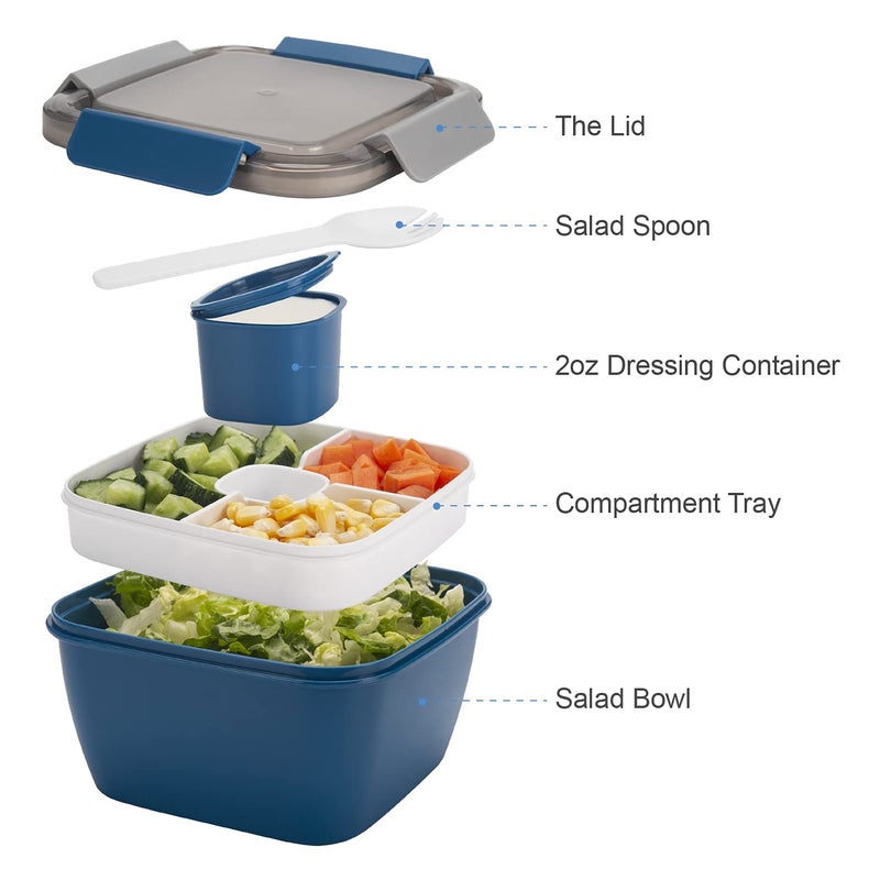 Freshmage Salad Lunch Container To Go, 52-oz Salad Bowls with 3 Compartments, Salad Dressings Container for Salad Toppings, Snacks, Men, Women (Blue) - Image 3