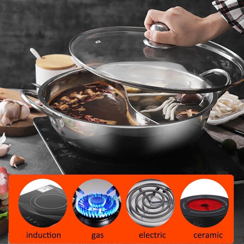 Ketumal Shabu Shabu Hot Pot,Stainless Steel Hot Plate Cookware Set Ramen Cooker, Hot Pot Soup Base Korean BBQ Multi Cooker Stainless Steel Pot Set, 11"(28cm) Pot with Divider - Image 2