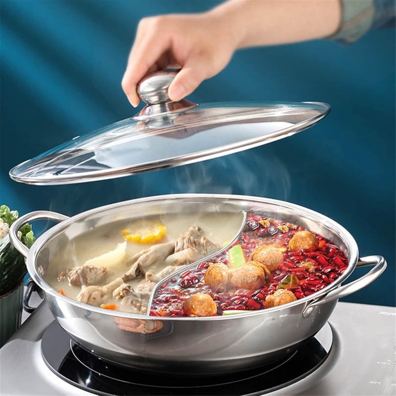 Ketumal Shabu Shabu Hot Pot,Stainless Steel Hot Plate Cookware Set Ramen Cooker, Hot Pot Soup Base Korean BBQ Multi Cooker Stainless Steel Pot Set, 11"(28cm) Pot with Divider - Image 1