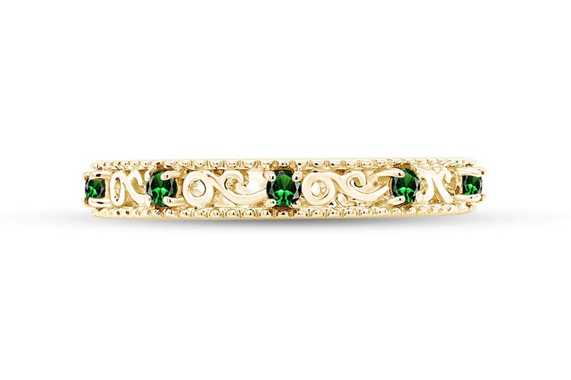 AFFY Filigree Eternity Wedding Band Ring for Women, Round Simulated Gemstone Emerald Stackable Promise Ring, 14K Yellow Gold Plated 925 Sterling Silver Band Width 3.5mm, Jewelry Gift for Her, Size-7 - Image 3