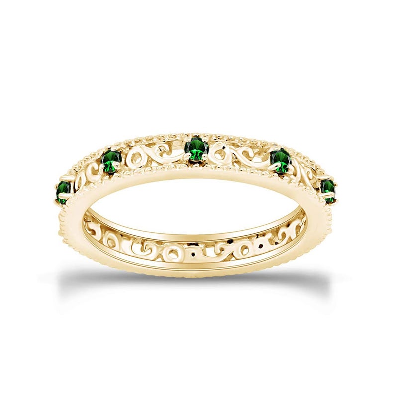 AFFY Filigree Eternity Wedding Band Ring for Women, Round Simulated Gemstone Emerald Stackable Promise Ring, 14K Yellow Gold Plated 925 Sterling Silver Band Width 3.5mm, Jewelry Gift for Her, Size-7 - Image 2