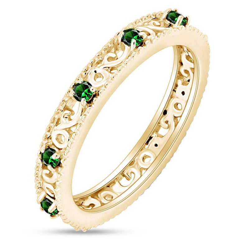AFFY Filigree Eternity Wedding Band Ring for Women, Round Simulated Gemstone Emerald Stackable Promise Ring, 14K Yellow Gold Plated 925 Sterling Silver Band Width 3.5mm, Jewelry Gift for Her, Size-7 - Image 1