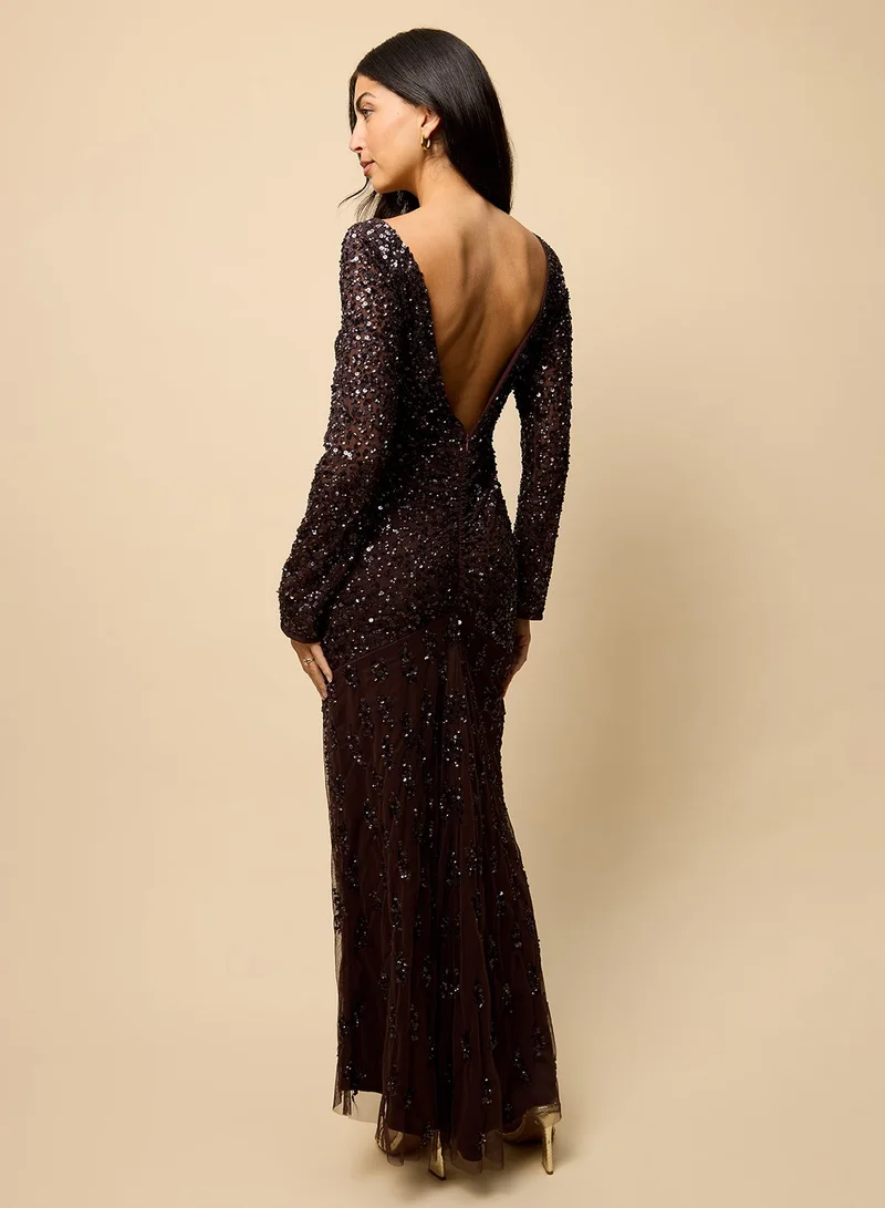 Little Mistress Embellished Long Sleeve Scoop Neck Maxi Dress
