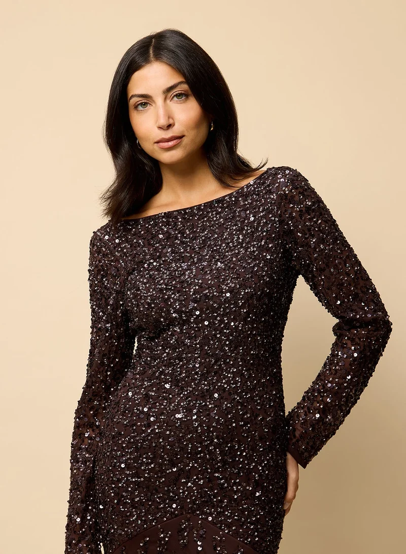 Little Mistress Embellished Long Sleeve Scoop Neck Maxi Dress