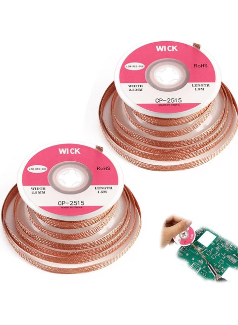 2-Pack Solder Wick with Flux, No-Clean Desoldering Braid Remover, 2.5mm Width, 1.5m Length, Pure Copper Wire for PCB Repair