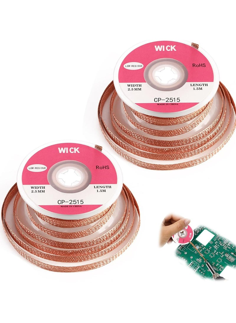 CMGTYYD 2-Pack Solder Wick with Flux, No-Clean Desoldering Braid Remover, 2.5mm Width, 1.5m Length, Pure Copper Wire for PCB Repair - Image 1