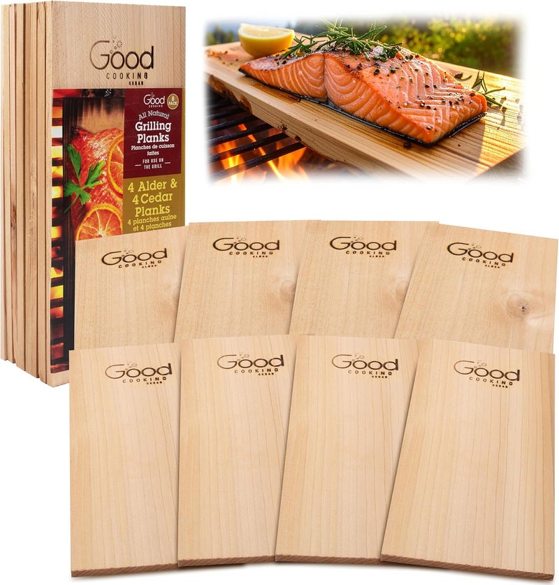 Good Cooking Grilling Planks - 8 Pack Cedar and Alder - Premium Thicker Wood for Barbecue Salmon, Seafood, Steak, Burgers, Pork Chops, Vegetables - Reusable  Durable - 12 x 6 - Image 1