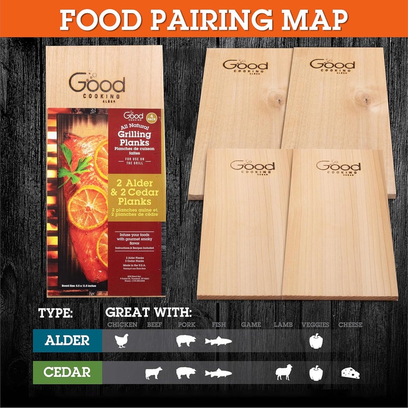 Good Cooking Grilling Planks - 8 Pack Cedar and Alder - Premium Thicker Wood for Barbecue Salmon, Seafood, Steak, Burgers, Pork Chops, Vegetables - Reusable  Durable - 12 x 6 - Image 5