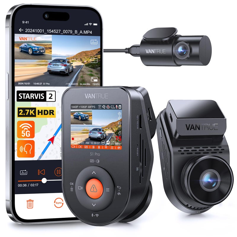 Vantrue S1 Pro AI Dash Cam Front and Rear, Dual 1440P Dash Camera w/2.7K, STARVIS 2, HDR Night Vision, 5G WiFi, 60FPS, GPS, Voice Control,24/7 Parking Mode, Support 1TB Max - Image 1
