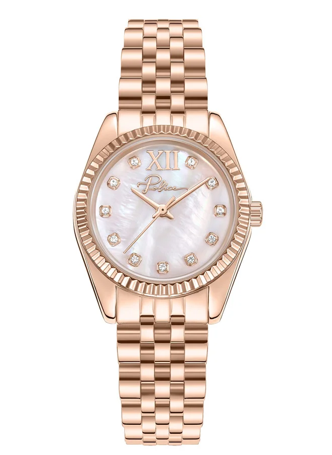 بوليس Flute Women's 28mm Watch with White Mother-of-Pearl Dial, Rose Gold-Plated Coin-Edged Topring & 316L Stainless Steel Bracelet