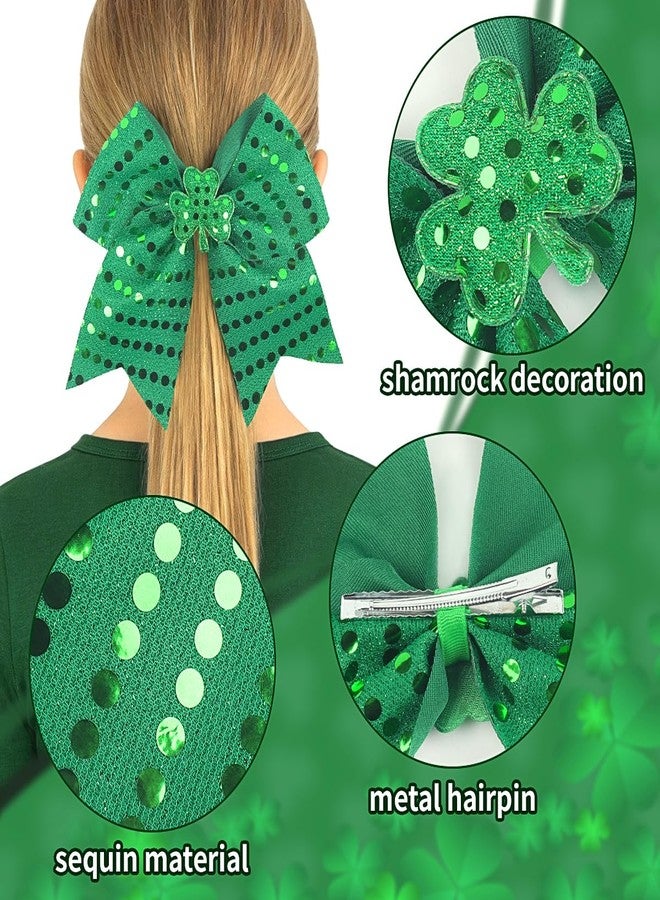 Doneace St Patrick's Day Hair Bow Clips Shamrock Large Glitter Cheer Bows Clips Green Cheerleading Sequin Hair Bow Hair Barrettes Ponytail Holder Hair Accessories for Women Irish Parade Party - Image 3