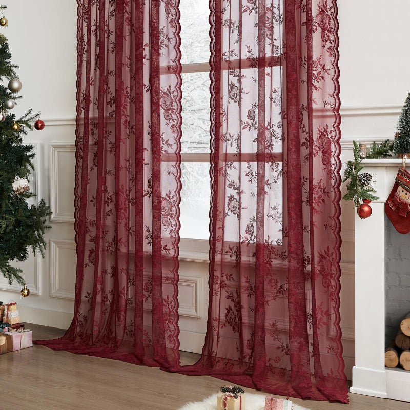 SEEKRIGHT Burgundy Lace Curtains 84 Inches Long Vintage Floral Curtains 2 Panels for Bedroom Living Room Rod Pocket Light Filtering Maroon French Romantic Window Curtains Modern Wine Decor Neutral, 52x84 - Image 3