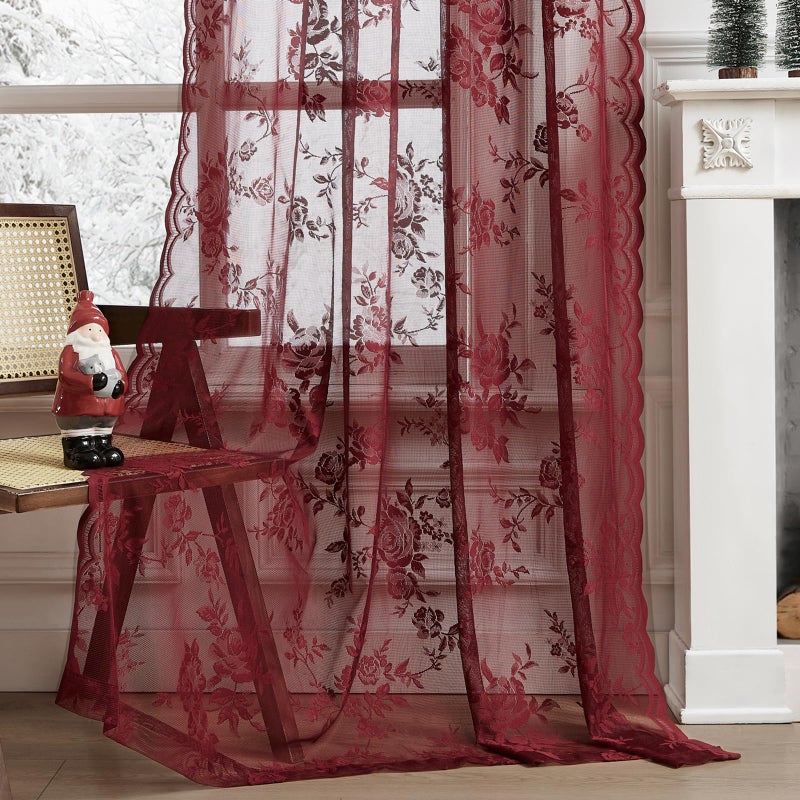 SEEKRIGHT Burgundy Lace Curtains 84 Inches Long Vintage Floral Curtains 2 Panels for Bedroom Living Room Rod Pocket Light Filtering Maroon French Romantic Window Curtains Modern Wine Decor Neutral, 52x84 - Image 5