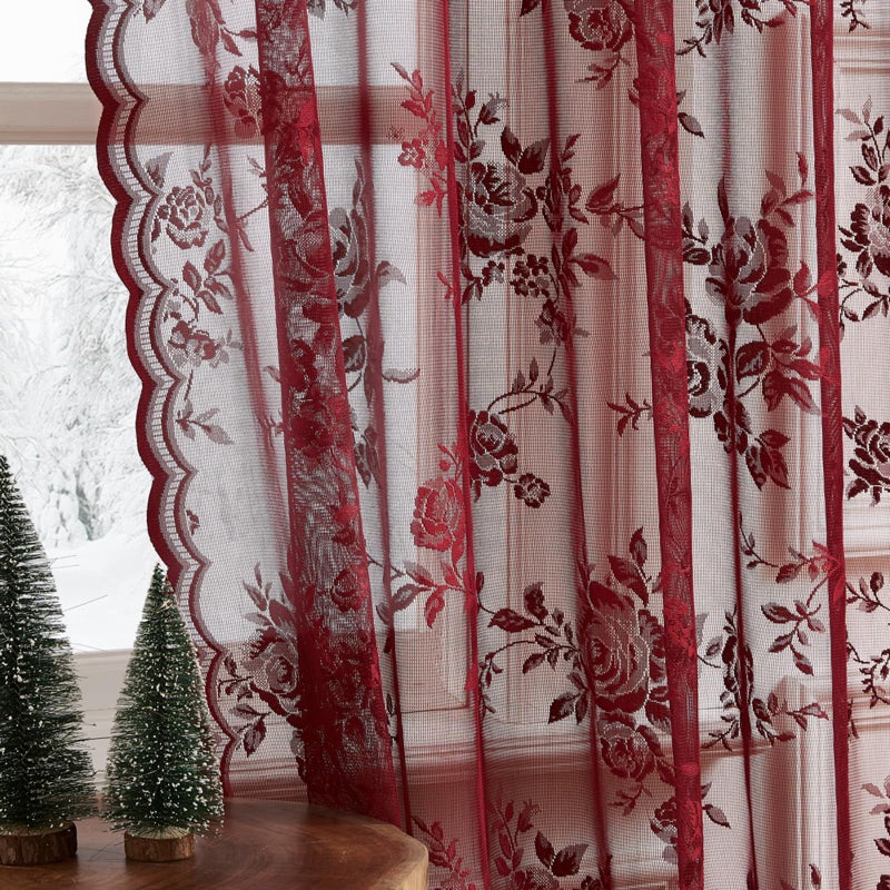 SEEKRIGHT Burgundy Lace Curtains 84 Inches Long Vintage Floral Curtains 2 Panels for Bedroom Living Room Rod Pocket Light Filtering Maroon French Romantic Window Curtains Modern Wine Decor Neutral, 52x84 - Image 1