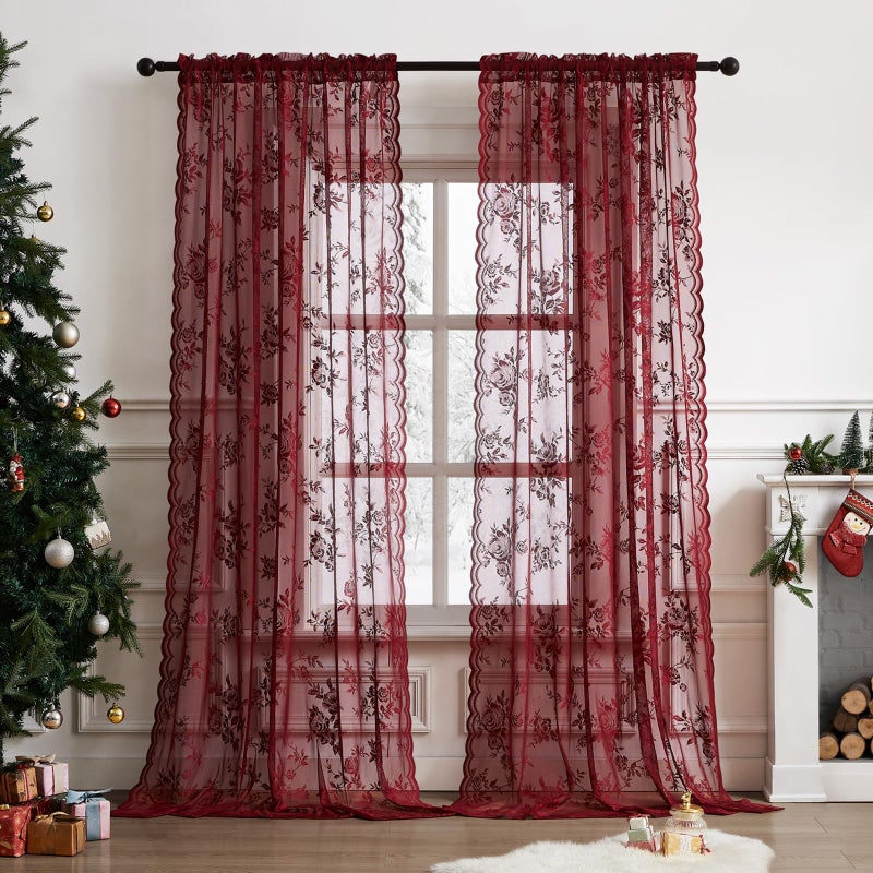 SEEKRIGHT Burgundy Lace Curtains 84 Inches Long Vintage Floral Curtains 2 Panels for Bedroom Living Room Rod Pocket Light Filtering Maroon French Romantic Window Curtains Modern Wine Decor Neutral, 52x84 - Image 2