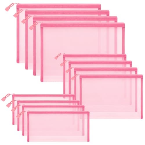 Sinzip 12 Pieces Zipper Nylon Mesh Pouch, Mesh Cosmetic Bags Makeup Bags Pencil Case, Multipurpose Travel Bags for Cosmetic School Office Supplies and Travel Accessories (Light Pink, Assorted Sizes) - Image 1